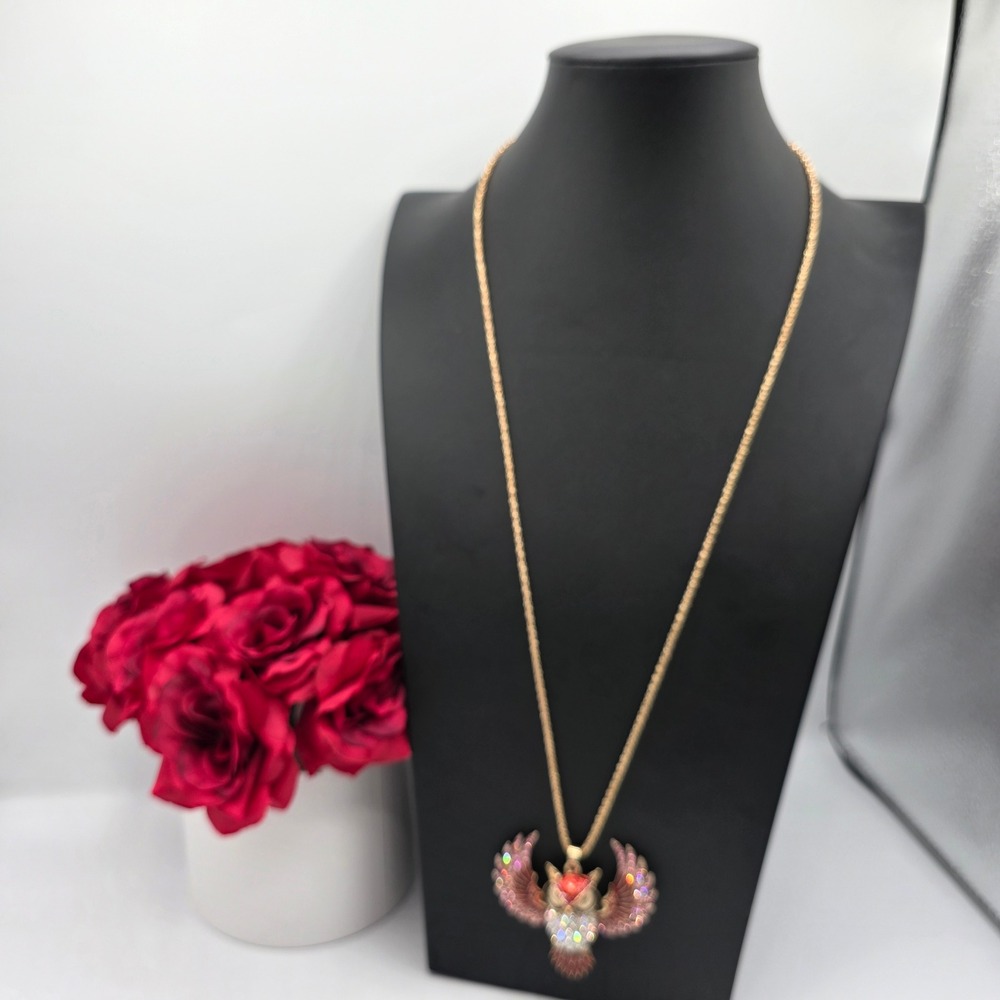 Gold Tone Red Enamel Pink Rhinestone Flying Owl Long Pendant Necklace Glamorous